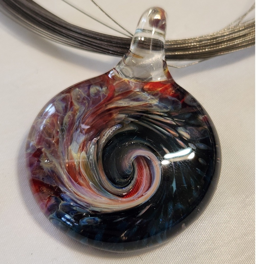 Art Glass Galaxy Swirl‎ Pendant Necklace Multi Strand Wire Cord Blue Red Silver